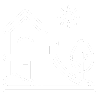 A line icon of a house with a slide.