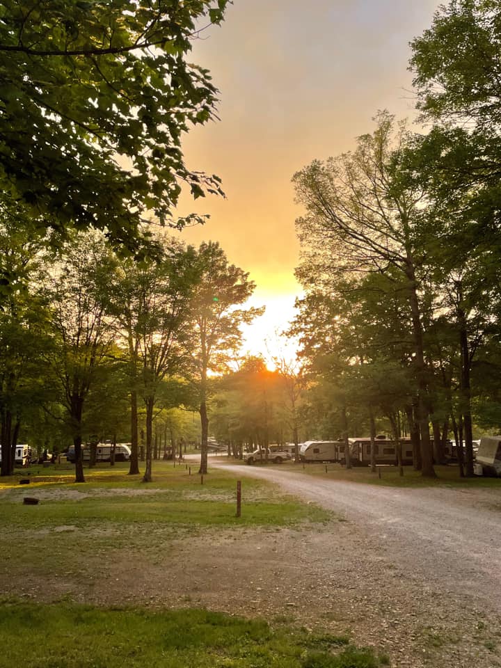 Sunset at a campground with trees and rvs.